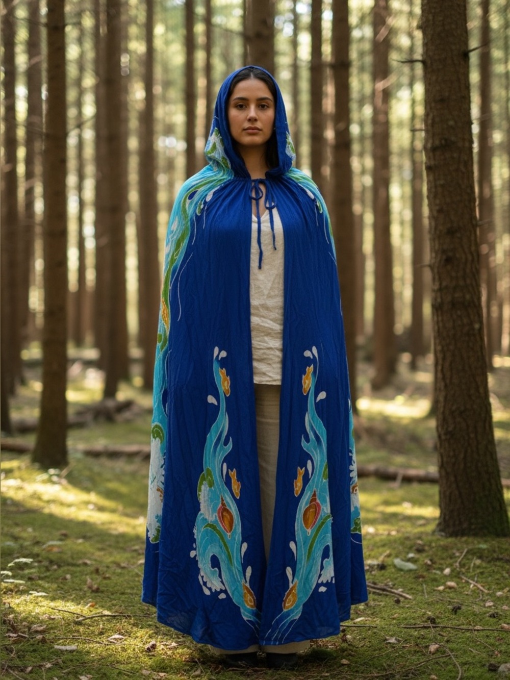 Hand-Painted Cobalt Hooded Cloak with Aqua Floral Waves